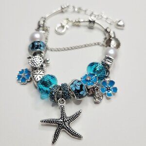 NWT Pandora Style Charm Bracelet Blue Silver Beach Ocean Turtle Starfish Flowers